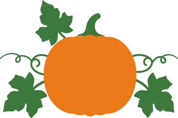 A vibrant orange pumpkin adorned with green leaves and curling vines, evoking a sense of autumn harvest and seasonal celebration.