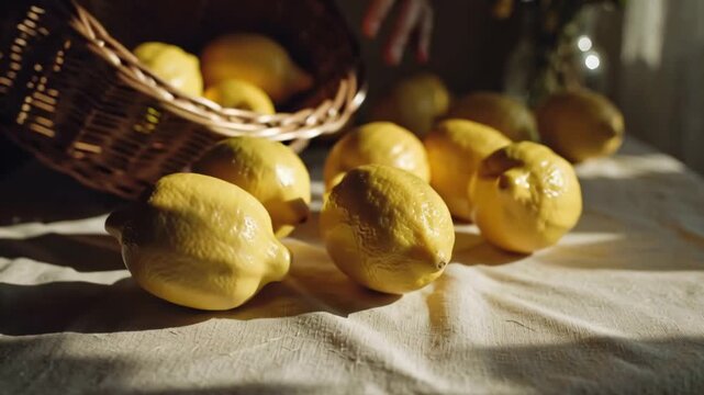 Lemons scattered on a white tablecloth with a basket of lemons.