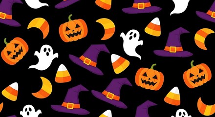 Obraz premium Halloween seamless pattern with pumpkins, witch hats, ghosts, and candy corn on black background