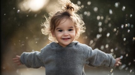A happy young child with arms outstretched playfully reaching for shimmering bubbles in a soft outdoor setting
