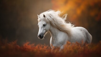 Obraz premium Majestic white horse, flowing mane, runs through autumn foliage, golden light