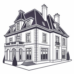 Detailed line drawing of a classic mansion, showcasing intricate architectural details and timeless elegance in a monochrome illustration