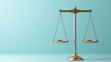 A balanced scale symbolizes justice and fairness against a calming aqua background, emphasizing the concept of equity.