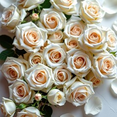 Elegant backdrop of pristine white roses, soft petals and delicate blooms create a romantic and serene atmosphere, innocence, white, photo