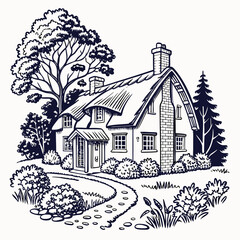 Charming illustration of a thatchedroof cottage nestled in a lush garden, featuring a winding stone path, mature trees, and a quaint chimney