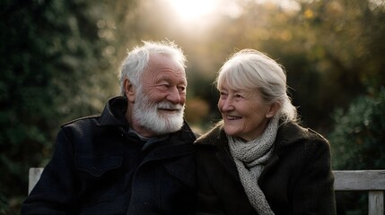 A senior couple shares a warm joyful moment on a garden bench during golden hour