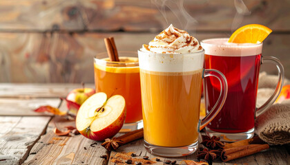 Fall Beverage Set with Pumpkin Spice Latte, Hot Apple Cider, and Mulled Wine, Isolated on Transparent Background.