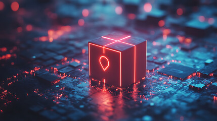 Glowing neon geometric object on futuristic circuit board isolated on white background