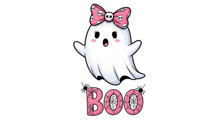 Cute ghost with pink bow, skull pattern, and "BOO" text decorated with spiderwebs and spiders below, ideal for Halloween designs, kids' apparel, or festive graphics