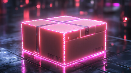 Glowing pink neon box isolated on white background