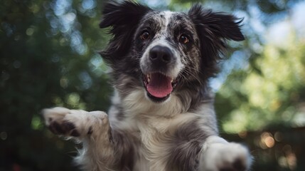 Obraz premium A happy merle patterned dog leaps into the frame with an excited expression outdoors in a garden