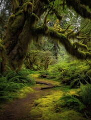 Lush green forest trail covered in moss and ferns, with mossy trees