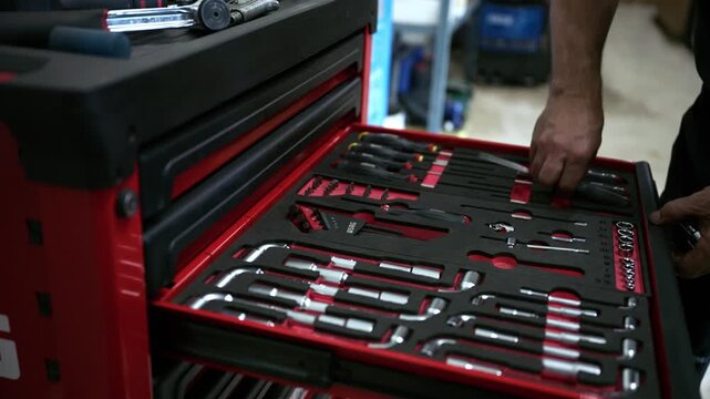Close-up of a mechanic opening a red rolling toolbox drawer to reveal a fully organized set of polished metal tools, conveying professional efficiency and technical work