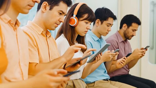 Diverse Group of People Engaged with Digital Devices: Modern Urban Commuters Immersed in Smartphones and Tablets, Highlighting Connectivity and Ind...