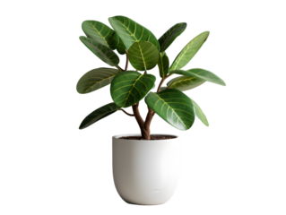 Indoor Ficus plant in a clean white ceramic pot, featuring lush deep green leaves, isolated on a transparent background.