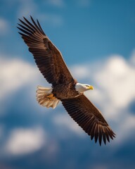 Majestic bald eagle soars high against a backdrop of clouds and blue sky.