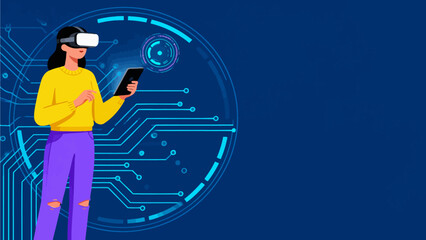 Person using virtual reality headset and tablet