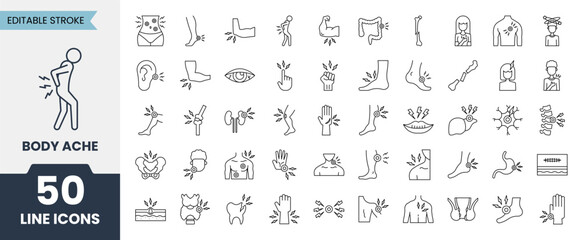 Body Ache line icons set with editable stroke. Containing Head, hand, leg, abdomen, chest, back, hand, toes and more. Vector illustration