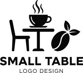 Black and White Logo Design Featuring Chair, Table, Coffee Cup, Bean with Leaves, and “SMALL TABLE” Text for Café Branding