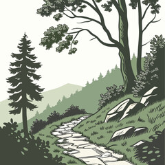 A winding stone path leads through a lush green forest with tall trees and rolling hills in the background