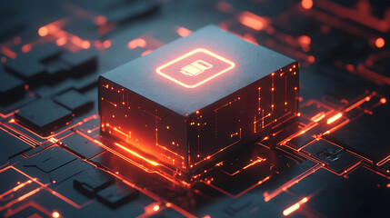 Glowing futuristic circuit board with central cube isolated on white background