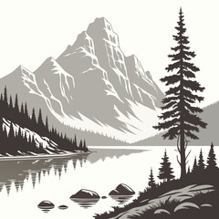 Serene mountain lake landscape with reflection of majestic peaks and evergreen trees in a monochromatic style © Alone