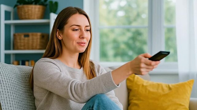 Content young woman unwinding on a comfortable sofa, focused on home entertainment and channel surfing with a TV remote in her modern living room.