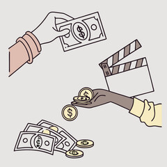 Hands exchanging money and film clapper