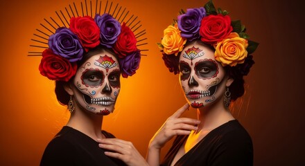 Women Celebrating Day of the Dead with Colorful Sugar Skull Makeup