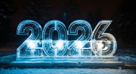 Ice sculpture featuring the year 2026 illuminated against a snowy background