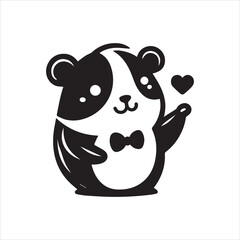 Cute Black and White Cartoon Panda with Bow Tie and Hearts.