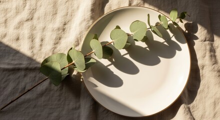 Eucalyptus leaves placed elegantly on a smooth cream-colored plate with shadows