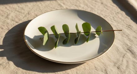 A delicate green eucalyptus branch elegantly placed on a white plate in sunlight
