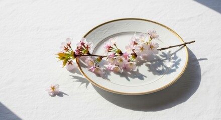 A delicate branch of cherry blossoms resting on a fine porcelain plate