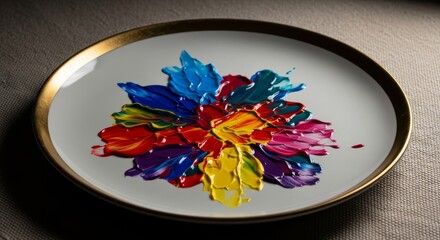 Colorful paint displayed in a circular arrangement on a white plate