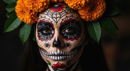 Woman with Colorful Sugar Skull Makeup and Floral Headpiece