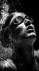 A person wearing swimming goggles emerges from water with bubbles surrounding in black and white