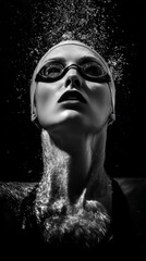 A person submerged underwater with swimming goggles and a swim cap in black and white
