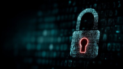 Digital padlock symbol with binary background representing cybersecurity and data protection