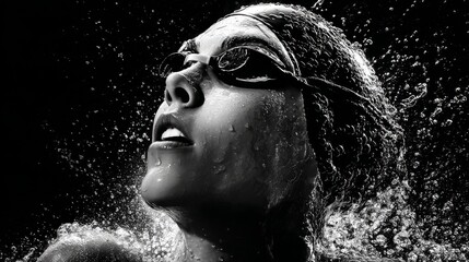A swimmer emerges from the water with droplets splashing around in black and white