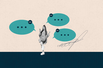 Collage with person surrounded by message bubbles symbolizing chatting communication online interaction business