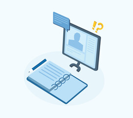 Online Interview and Note-Taking Workplace. Question and Answer Online Concept.