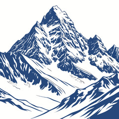 Majestic snow capped mountain range with sharp peaks and dramatic slopes in a stylized blue and white illustration