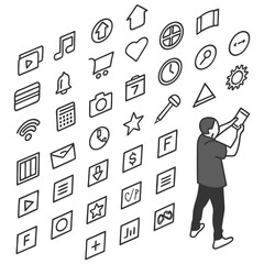 Man interacting with digital interface icons