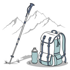 Backpack hiking pole and water bottle set against a backdrop of stylized mountains and grass representing outdoor adventure and travel