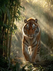 Tiger strides through sunlit bamboo forest with a majestic presence.