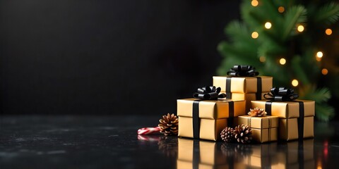 A group of wrapped gift boxes and a Christmas tree on dark background, The boxes are golden, black bows, small pine cones, candy canes. The Christmas tree is decorated with lights and ornaments.