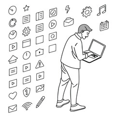 Man working on laptop with digital icons