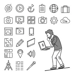 Man working on laptop with digital icons