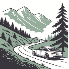 White sedan driving on a winding road through a mountainous landscape with pine trees and clouds